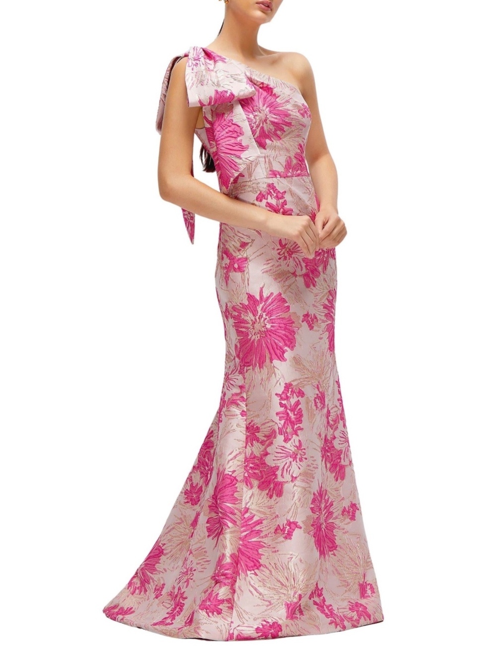 NWT Alfred Sung Leanor Pink Metallic Floral Jacquard One Shoulder Gown 12 - Picture 3 of 11